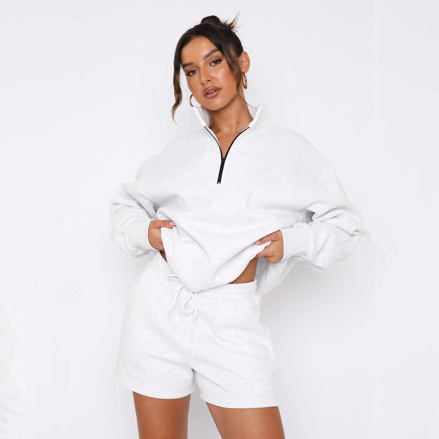 Damen Sweatpullover Kurzhose Reißverschluss Grau