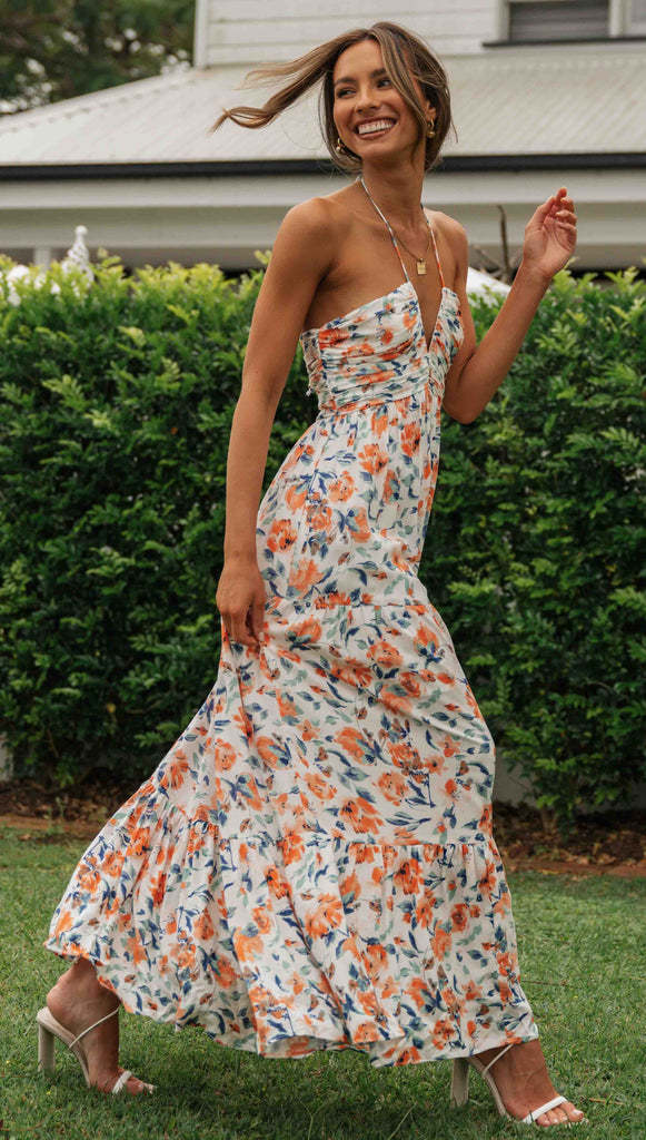 Damen Maxikleid Blumendruck Verstellbare Träger Eveloria