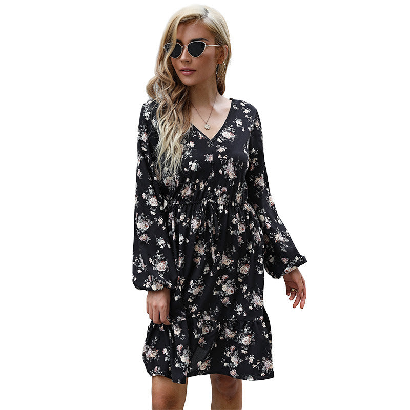 Damen Blumenkleid Voluminöse Ärmel Taillenzug Eveloria