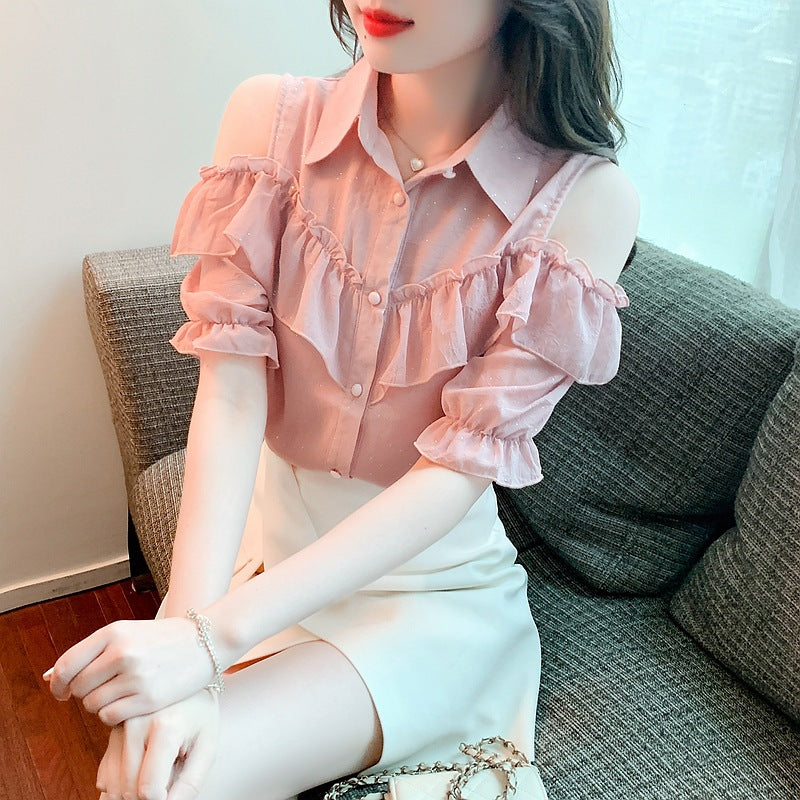 Damen Off-Shoulder Bluse Rüschendetails Weiß