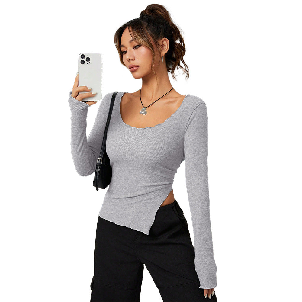 Damen Langarmshirt Asymmetrischer Saum Eleganter Ausschnitt