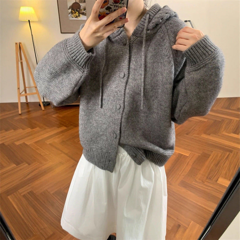 Damen Oversized Cardigan mit Kapuze und Knöpfen Kuschelig Grau