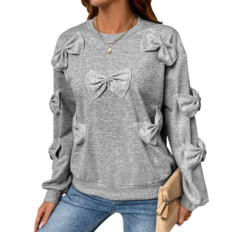 Damen Sweatshirt Lässiger Schnitt Verspielte Schleifen Details Grau