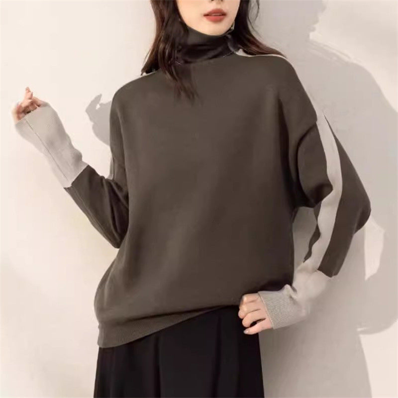 Damen Rollkragenpullover Lässig Kontrastärmel Eveloria