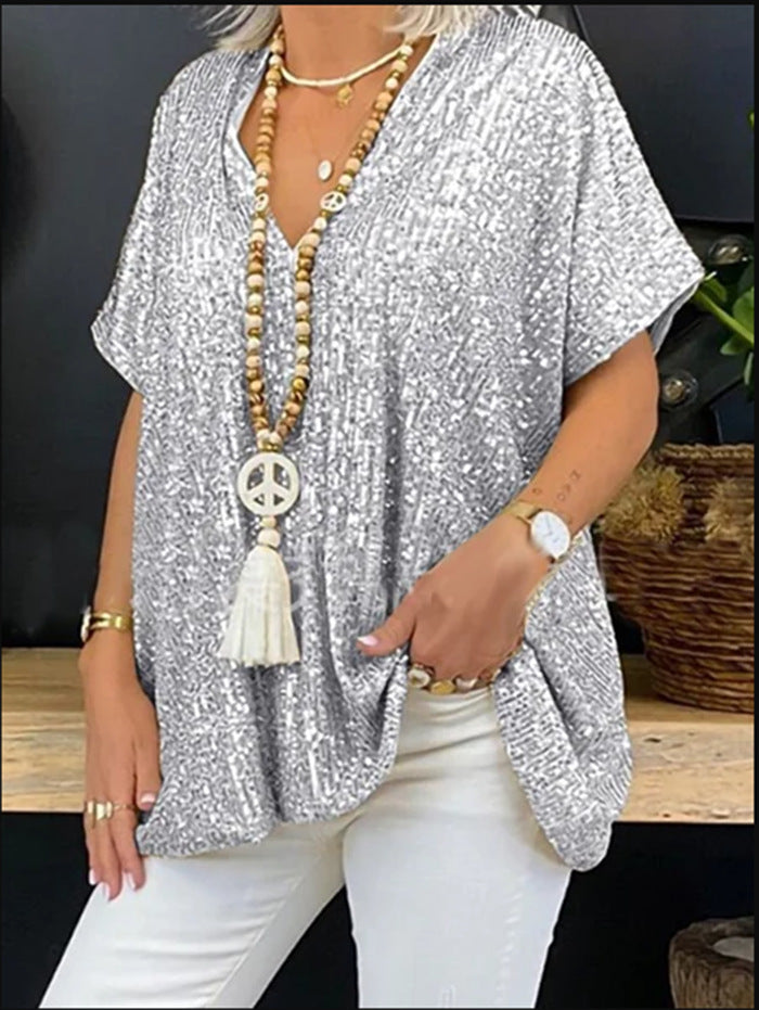 Damen Paillettentop Lässig V-Ausschnitt Glitzernd