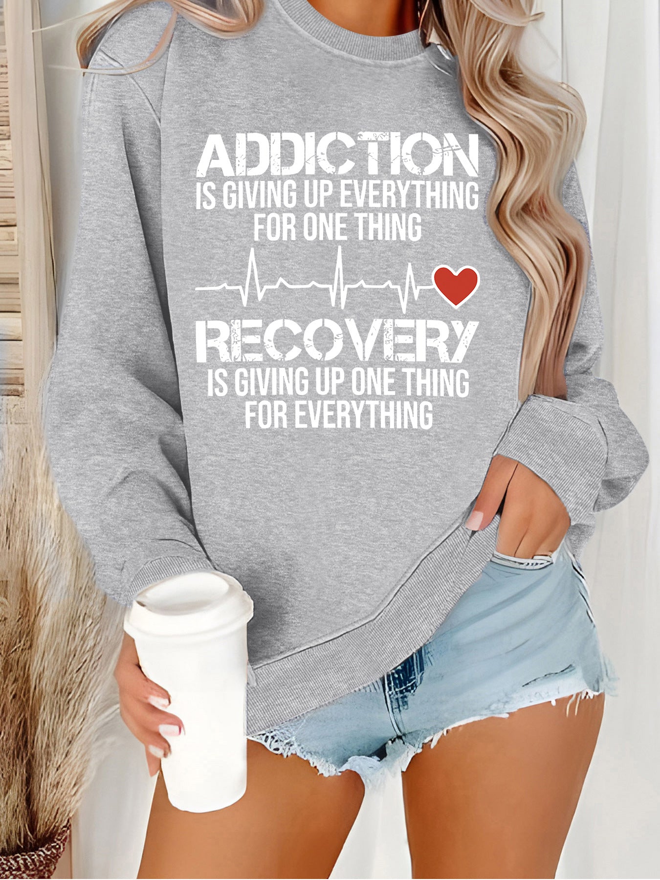 Damen Sweatshirt Lässiger Schnitt Inspirierender Druck Grau