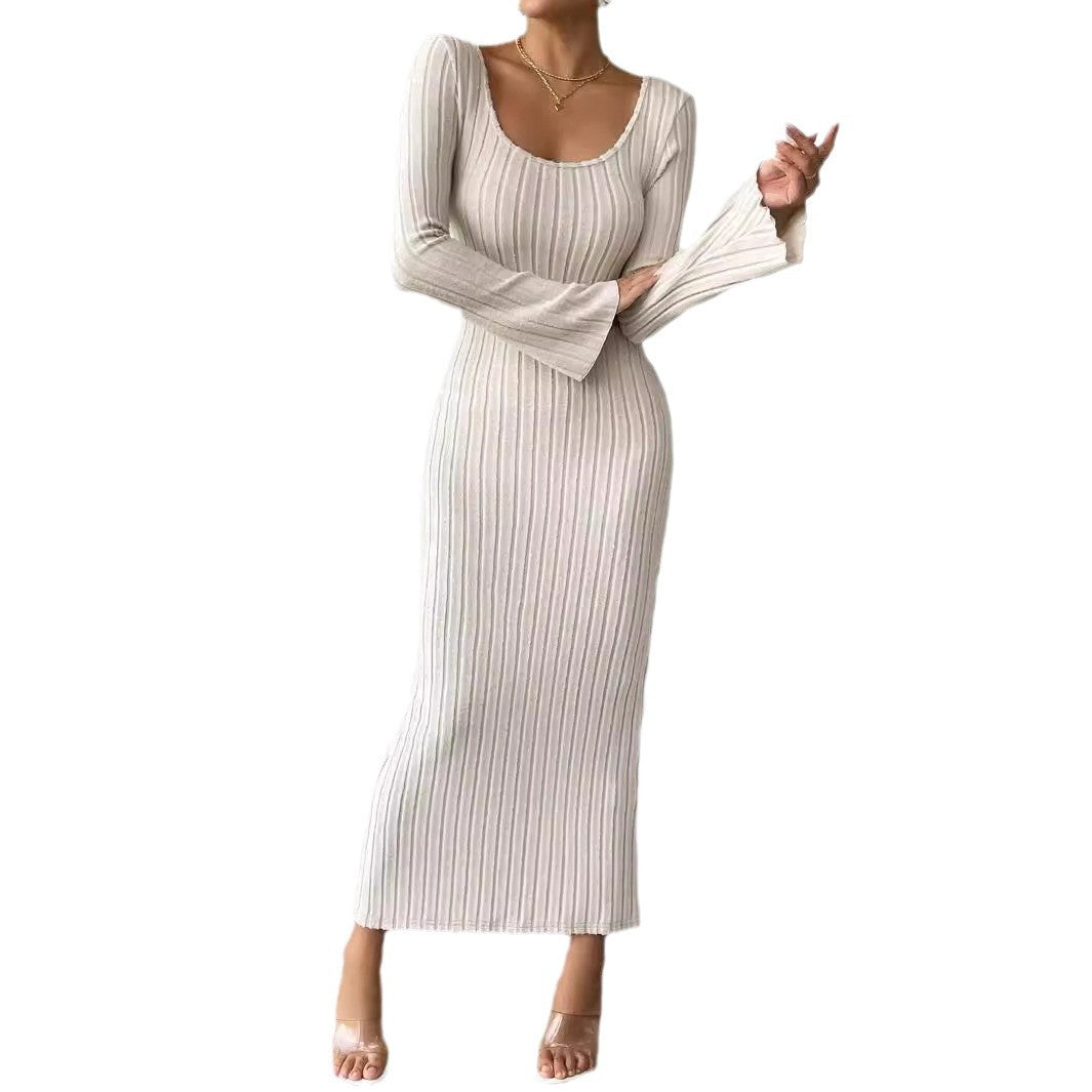 Damen Langarm Strickkleid Rundhalsausschnitt Figurbetonend