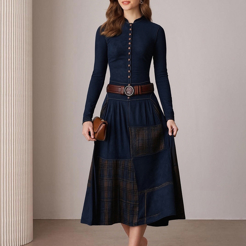 Damen Elegantes Midi-Kleid Knopfleiste Kontrastdetails