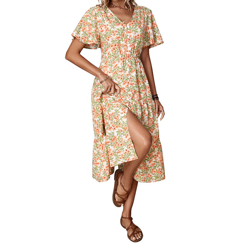 Damen Blumenkleid V-Ausschnitt Knopfleiste Eveloria