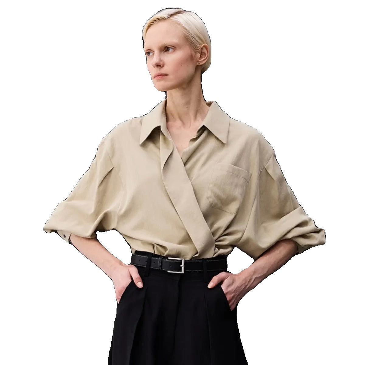 Damen Oversized Bluse Wickeloptik Baumwolle Beige