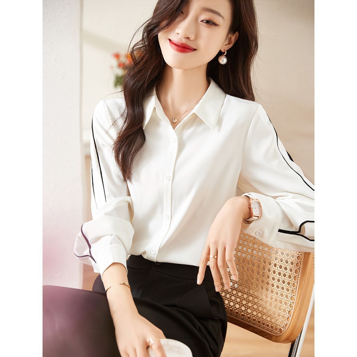 Damen Bluse Klassisch Knöpfe Elegantes Design Weiss