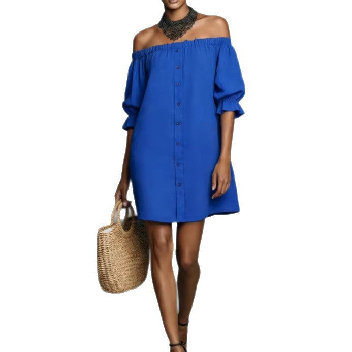 Damen Off-Shoulder-Kleid mit Knopf- und Rüschen-Details