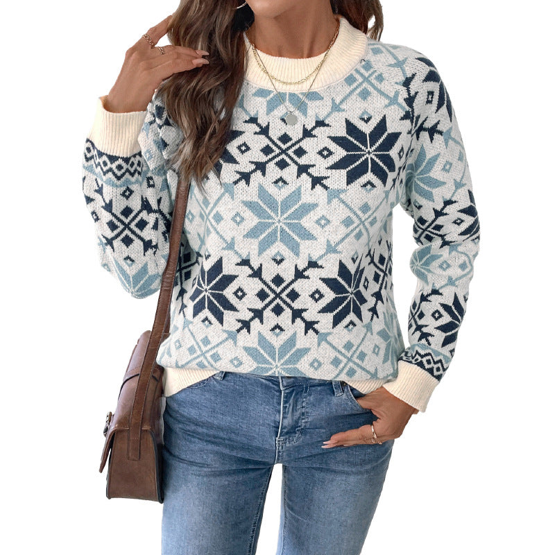 Damen Strickpullover Rundhalsausschnitt Wintermuster Eveloria
