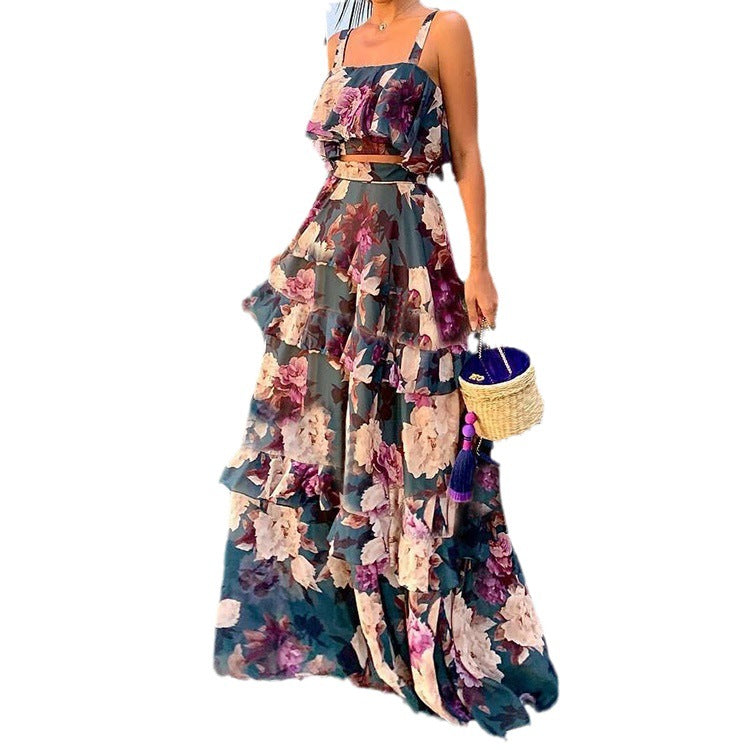 Damen Maxi-Rock Gestufter Volant Florales Design