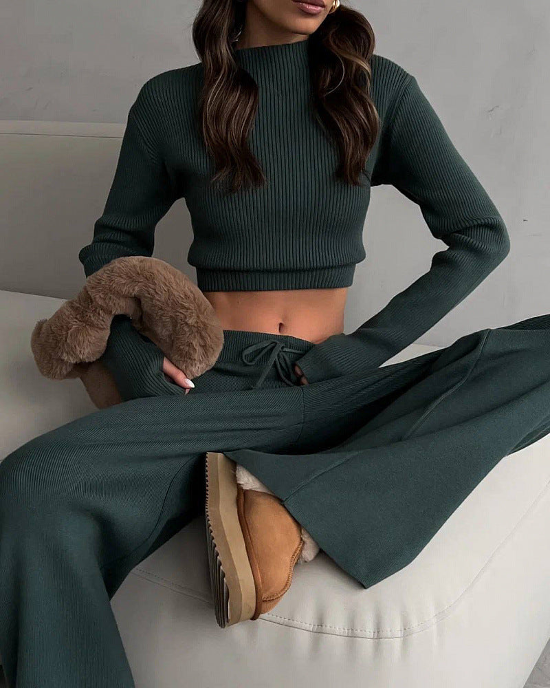 Damen Strick-Loungewear Cropped Oberteil Weite Hose Beige
