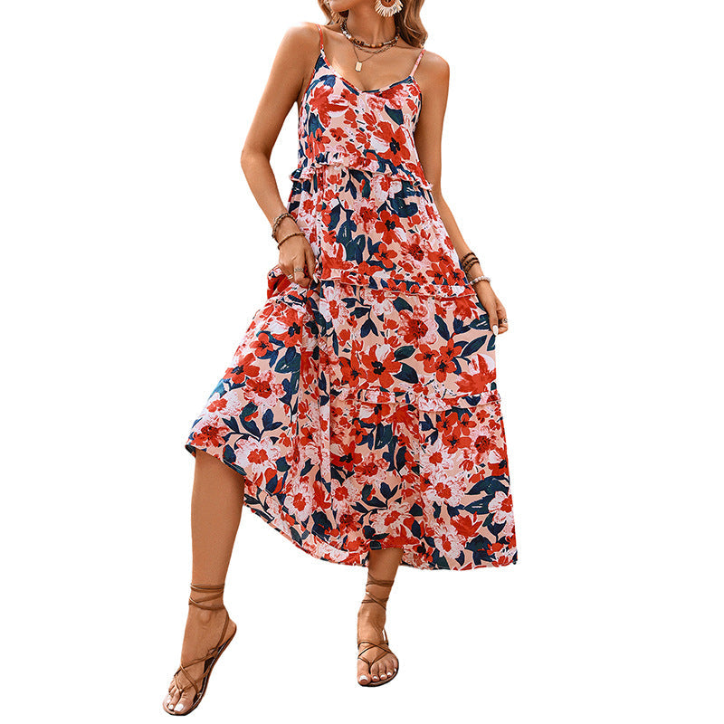Damen Maxikleid Florale Rüschen Spaghettiträger Eveloria