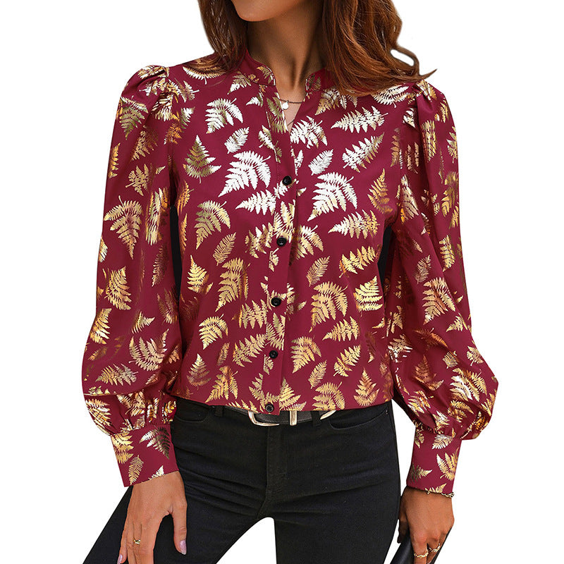 Damen Bluse Puffärmel Blattmuster Eveloria