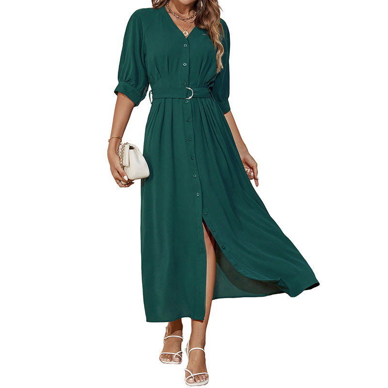 Damen Maxikleid Tailliert Gürtel Knöpfe Eveloria