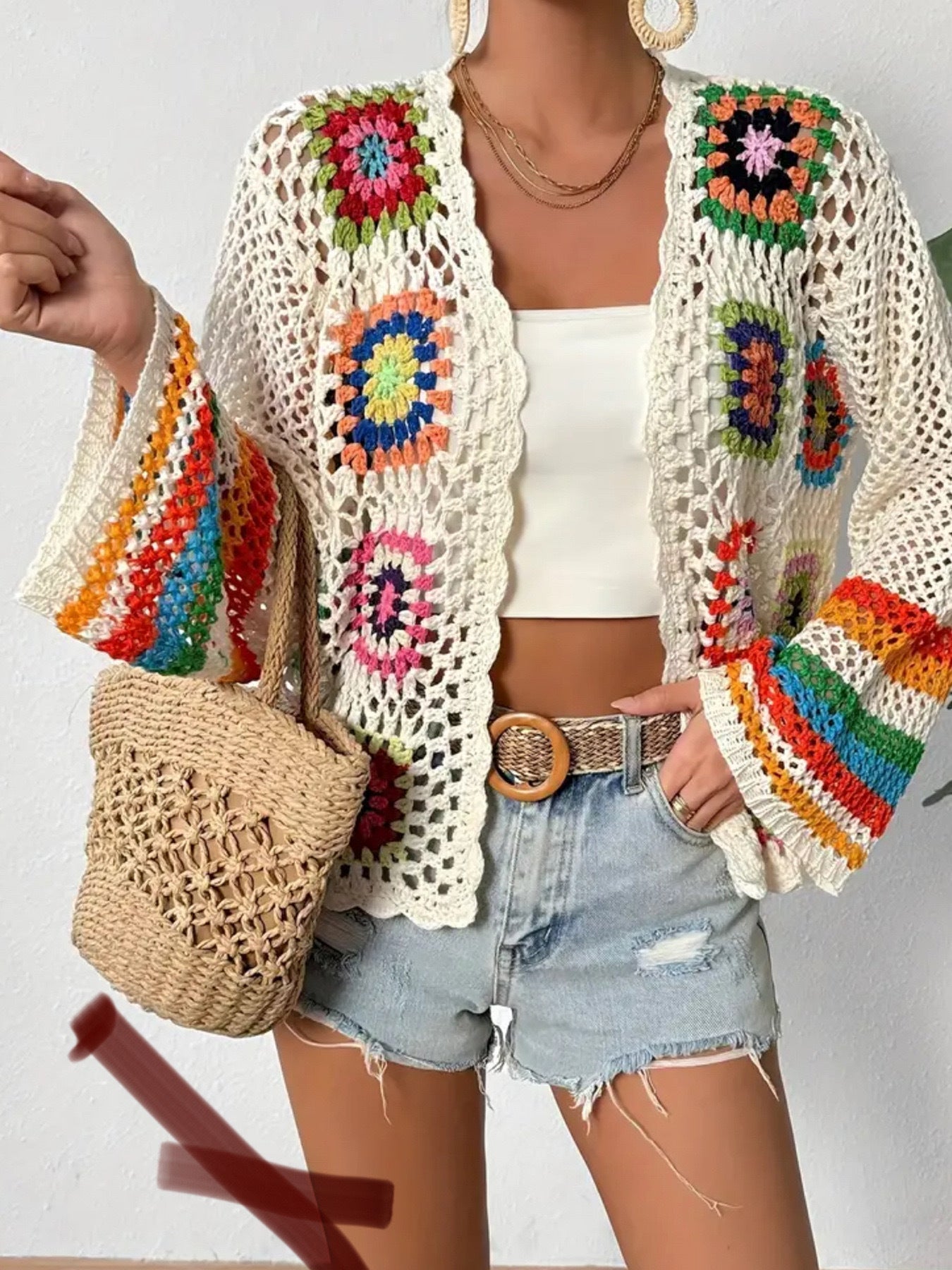 Damen Cardigan Blumenmuster Weite Ärmel