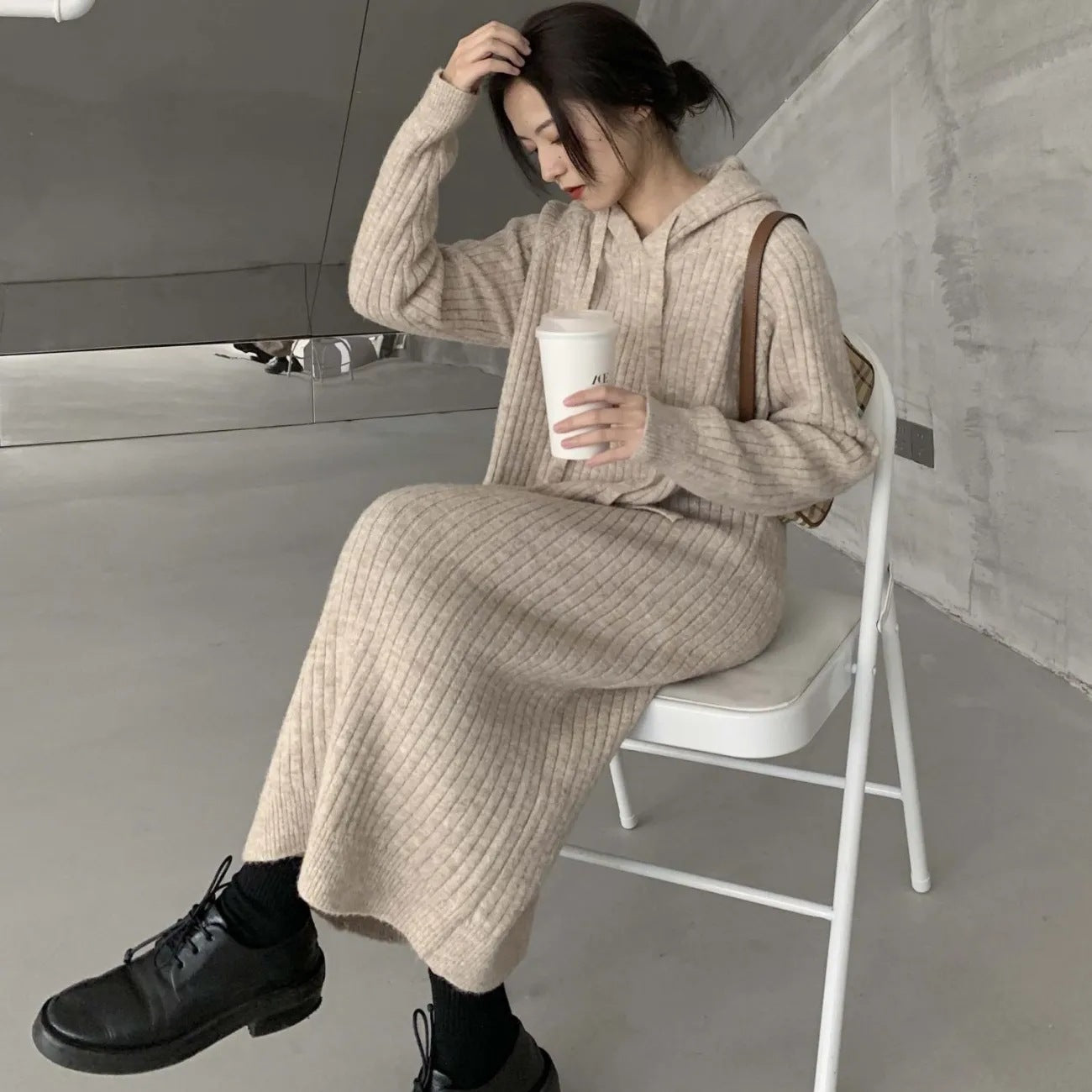 Damen Strickpullover Lang Kapuze Rippstruktur Beige