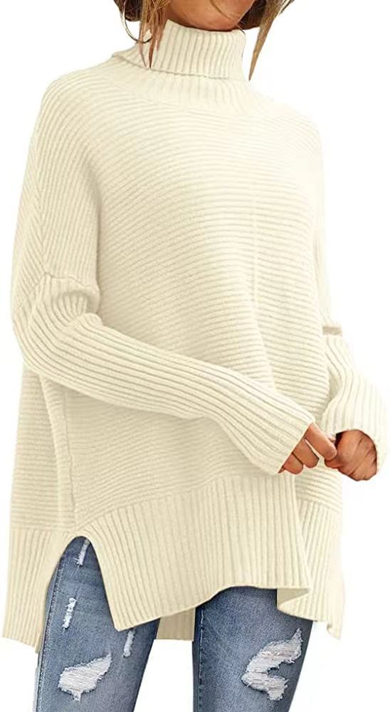 Damen Rollkragenpullover Feine Rippstruktur Asymmetrisch Beige