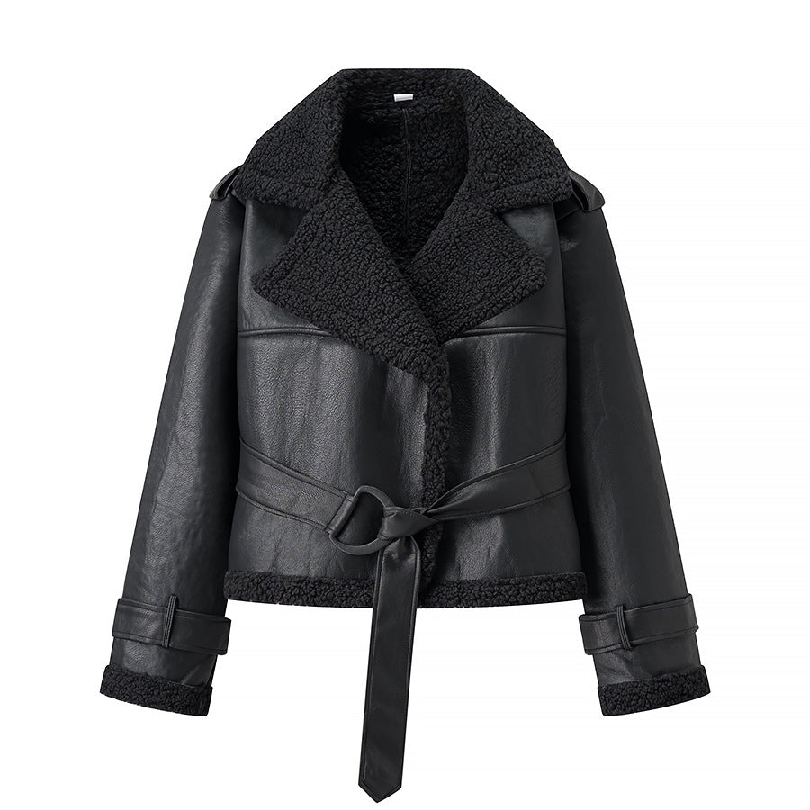 Damen Kunstlederjacke Teddyfutter Bindegürtel