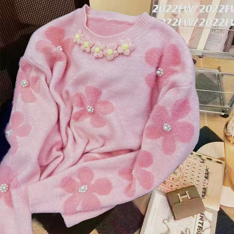 Damen Strickpullover Floral Applikationen Perlendetails