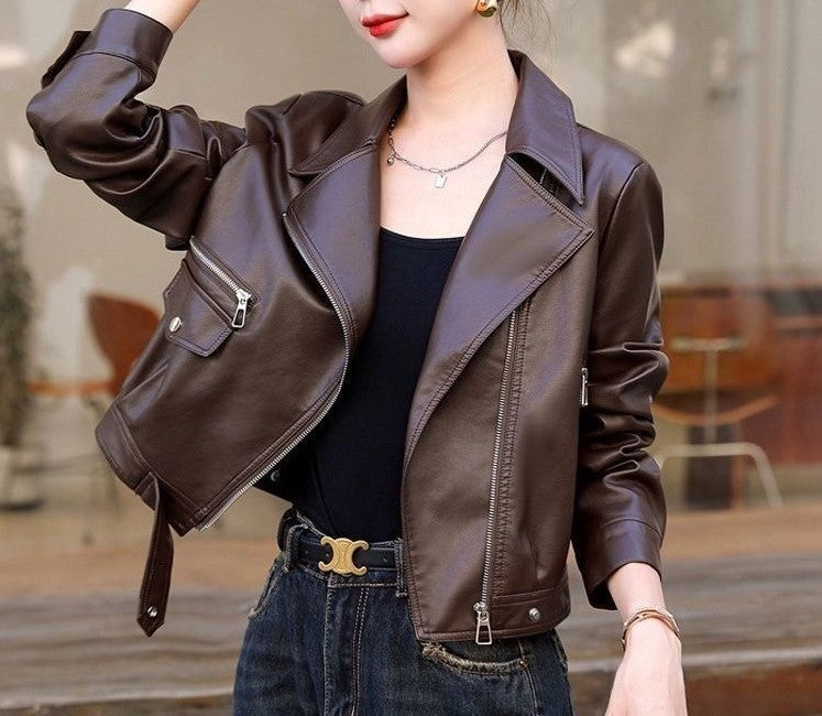 Damen Bikerjacke Asymmetrischer Reißverschluss Praktische Taschen