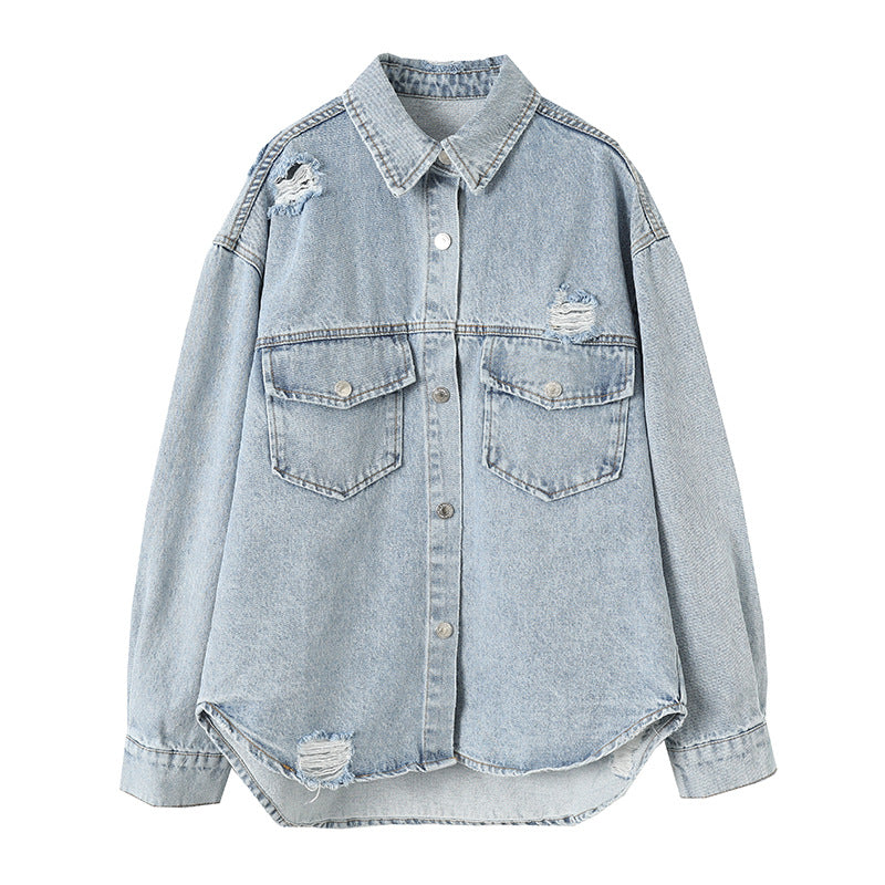 Damen Jeansjacke Used Look Große Taschen Eveloria