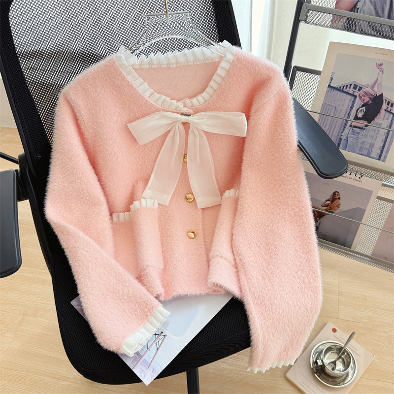 Damen Cardigan Flauschig Schleifenkragen Dekorative Knöpfe Eveloria