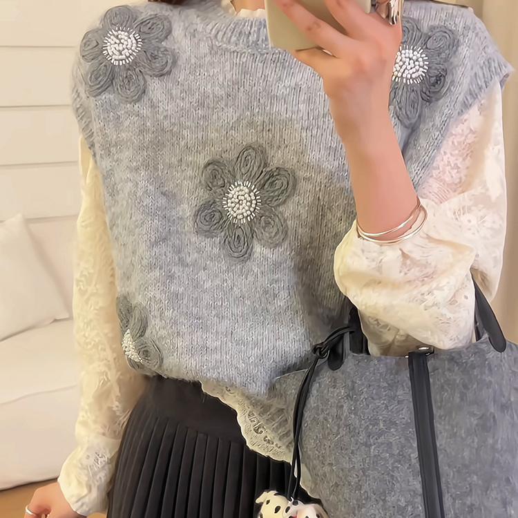 Damen Strickpullover Floral 3D-Applikation Eveloria