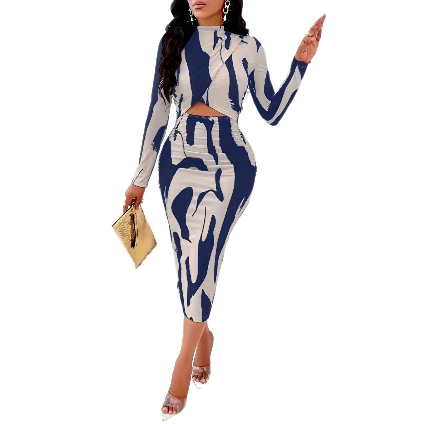 Damen Midi-Kleid Figurbetont Cut-Out-Details Langer Arm Eveloria
