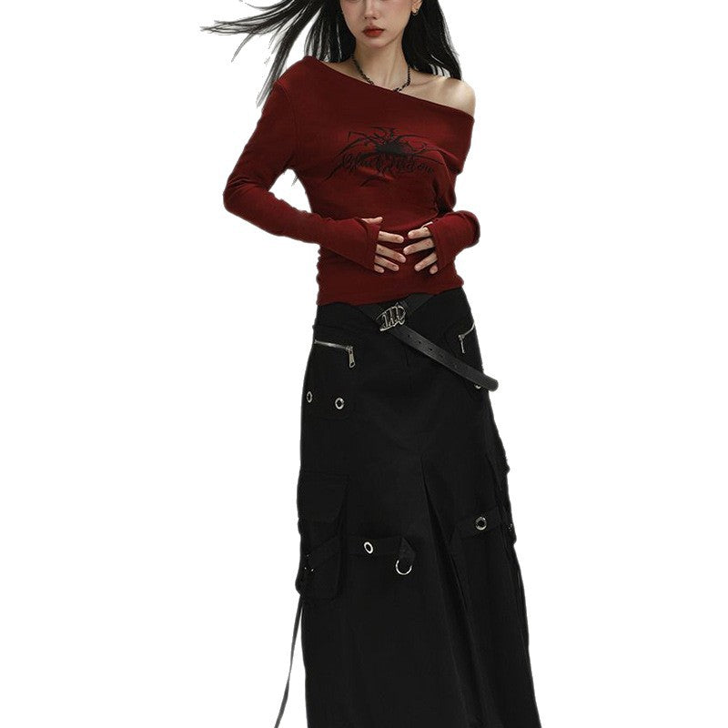 Damen Langarmshirt Asymmetrischer Ausschnitt Grafikdruck Eveloria