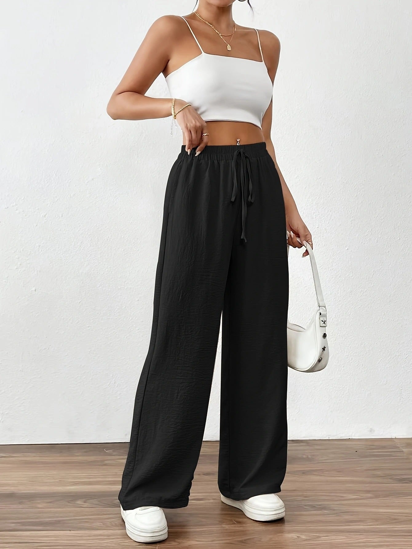 Damen Chiffon-Hose Weite Elastischer Bund Beige