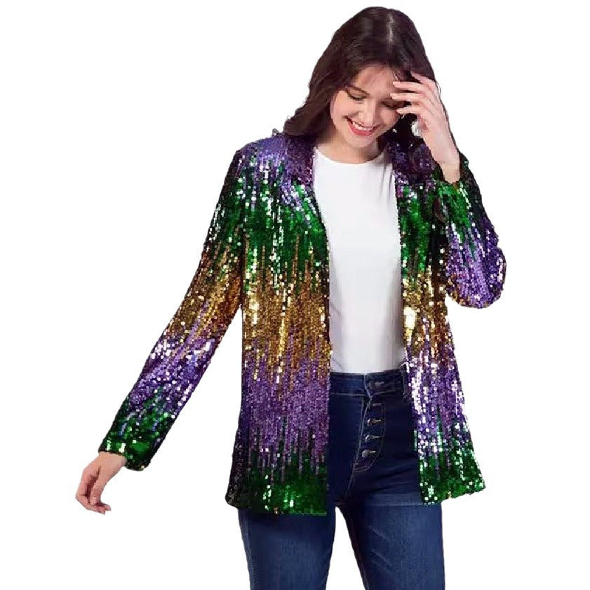 Damen Glitzerjacke Pailletten Langer Arm Offener Schnitt Eveloria