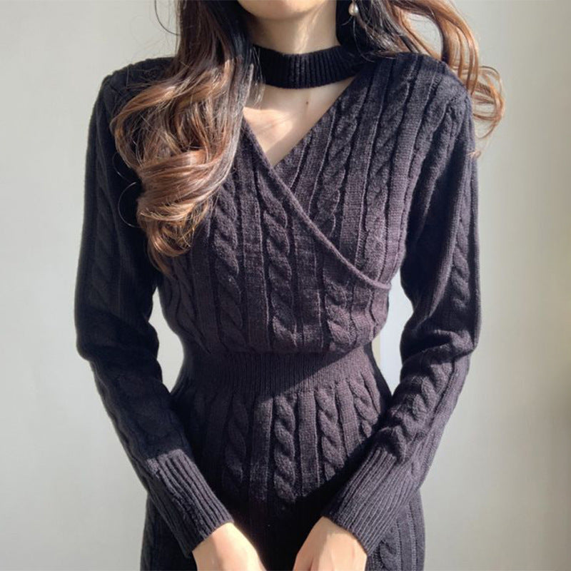Damen Strickkleid Bunt Zopfmuster Hochtaillenschnitt Lang