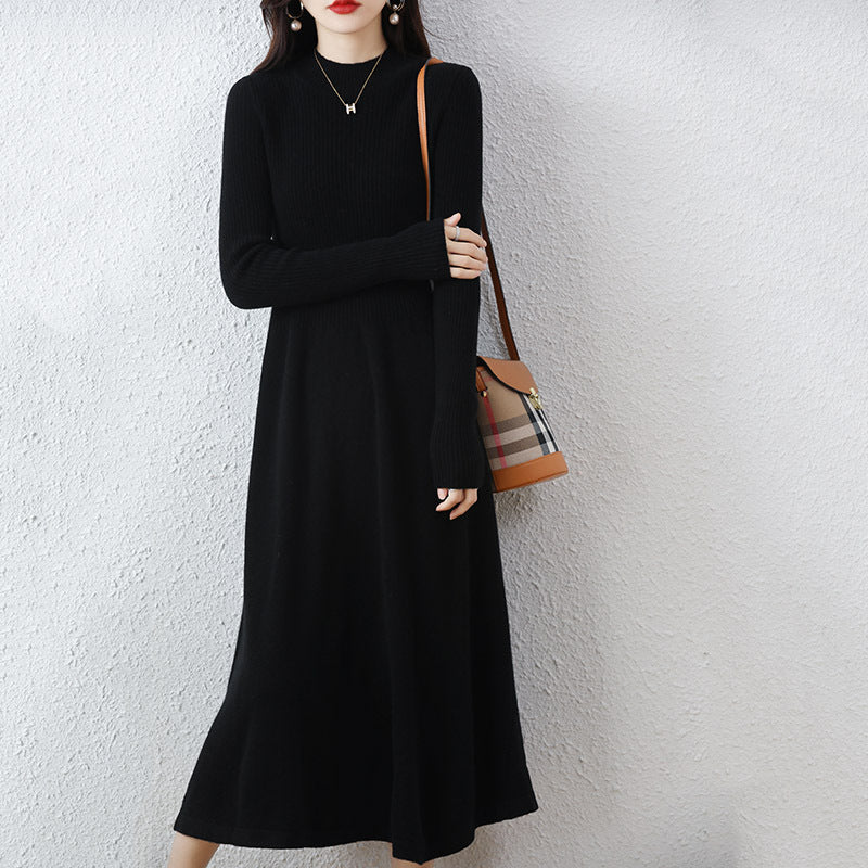 Damen Strickkleid Hochkragen Rippstruktur Anthrazit