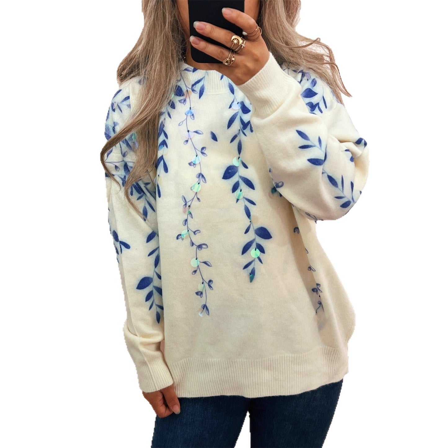 Damen Oversized-Pullover Floralmuster Kuschelstoff Beige