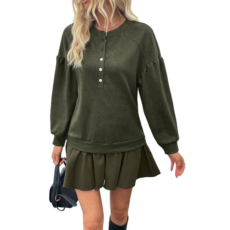 Damen Sportsweatshirt Knopfleiste Rüschensaum Eveloria