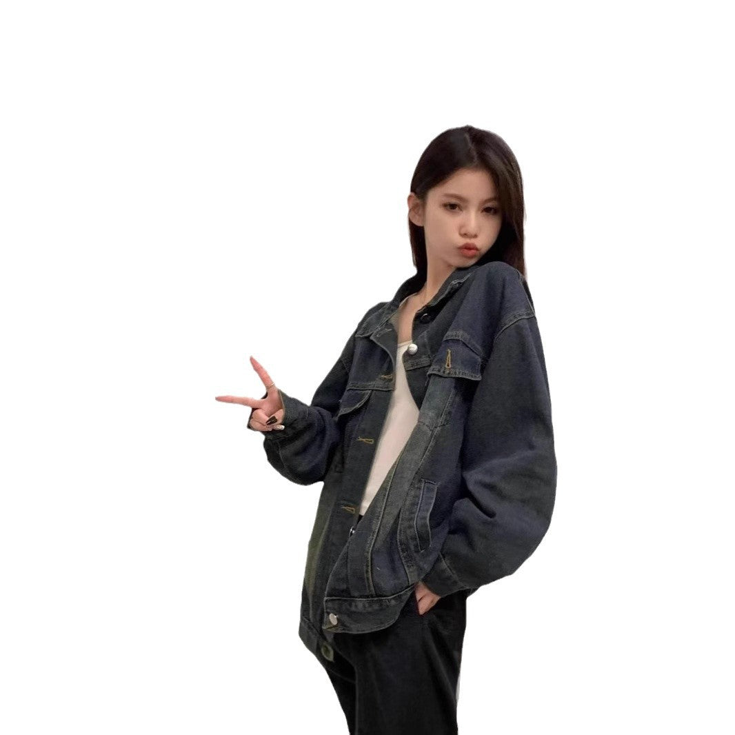 Damen Jeansjacke Vintage-Waschung Taschen