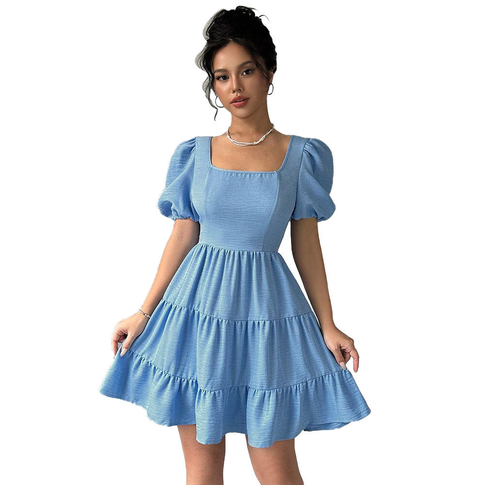 Damen Kleid Puffärmel Gestufter Saum Eveloria