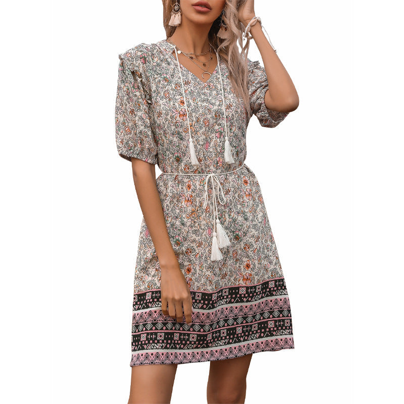 Damen Sommerkleid Rüschendetails Verstellbarer Taillenzug Eveloria