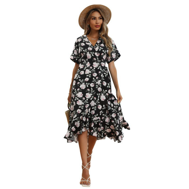 Damen Wickelkleid Florale Rüschen Eleganter Saum Eveloria