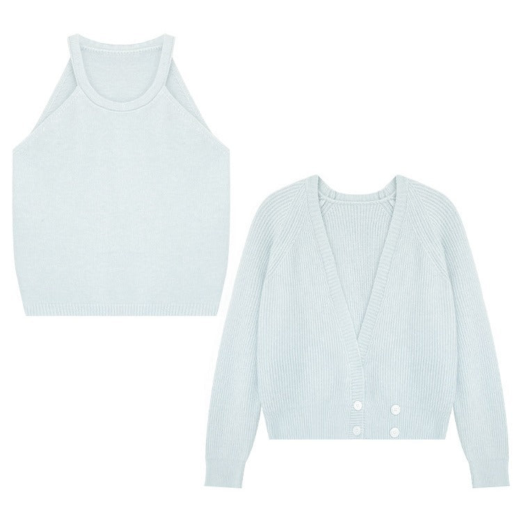Damen Cropped Strickjacke V-Ausschnitt Knöpfe Beige