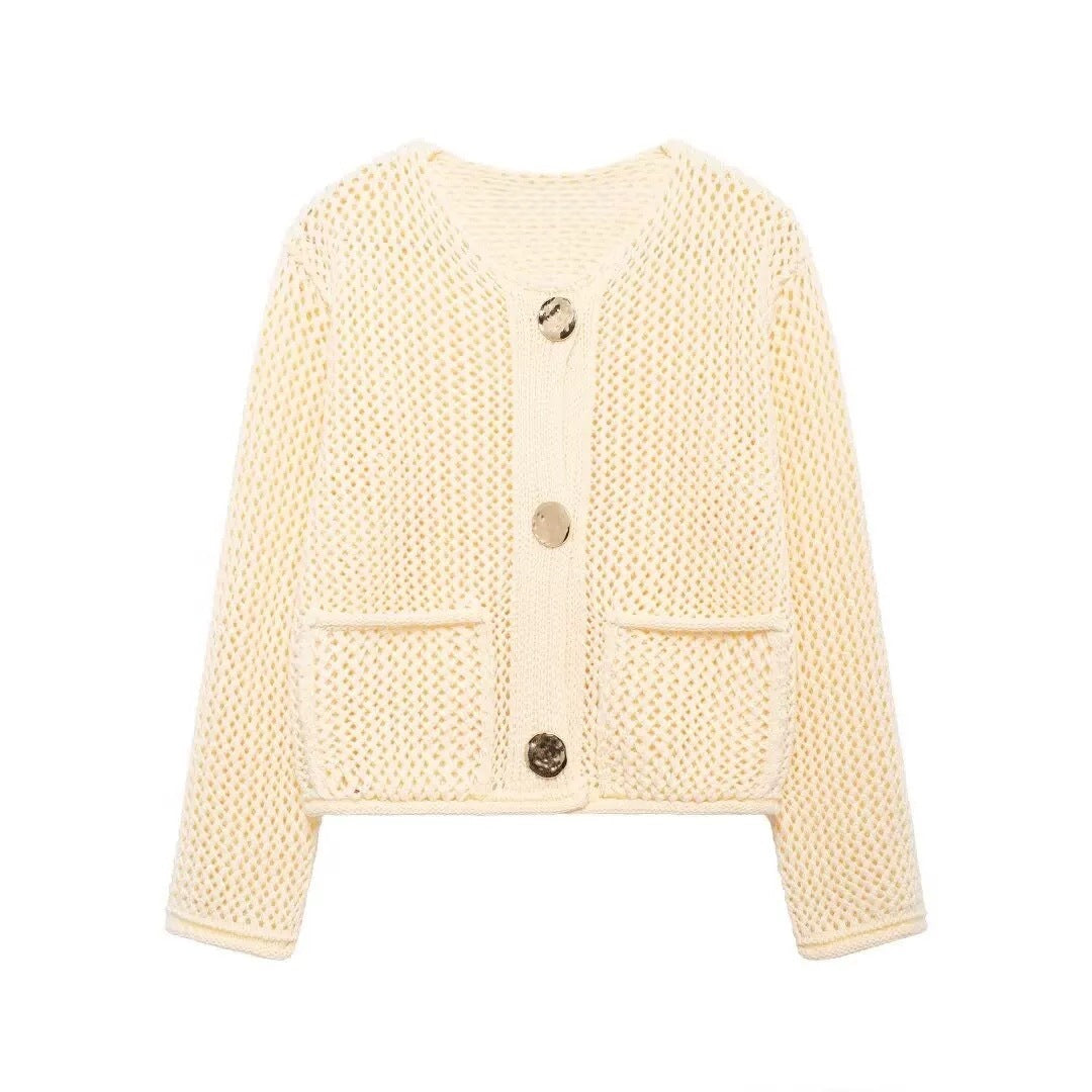 Damen Netzstrickjacke mit Taschen und Knöpfen Eveloria