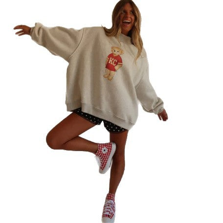 Damen Oversized Sweatshirt Bärenmotiv Grau Eveloria