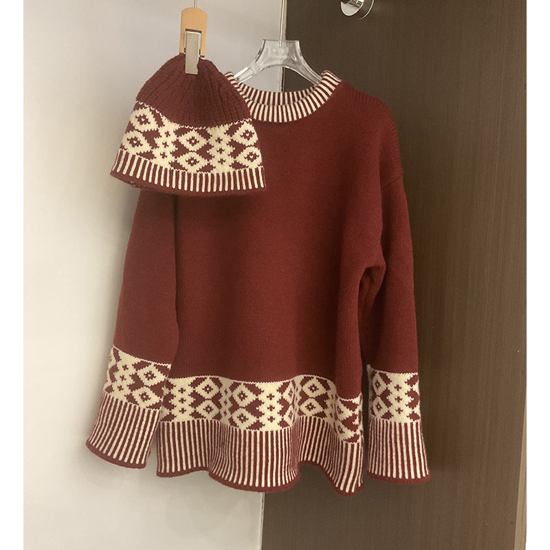 Damen Strickpullover Rundkragen Geometrisches Muster Eveloria
