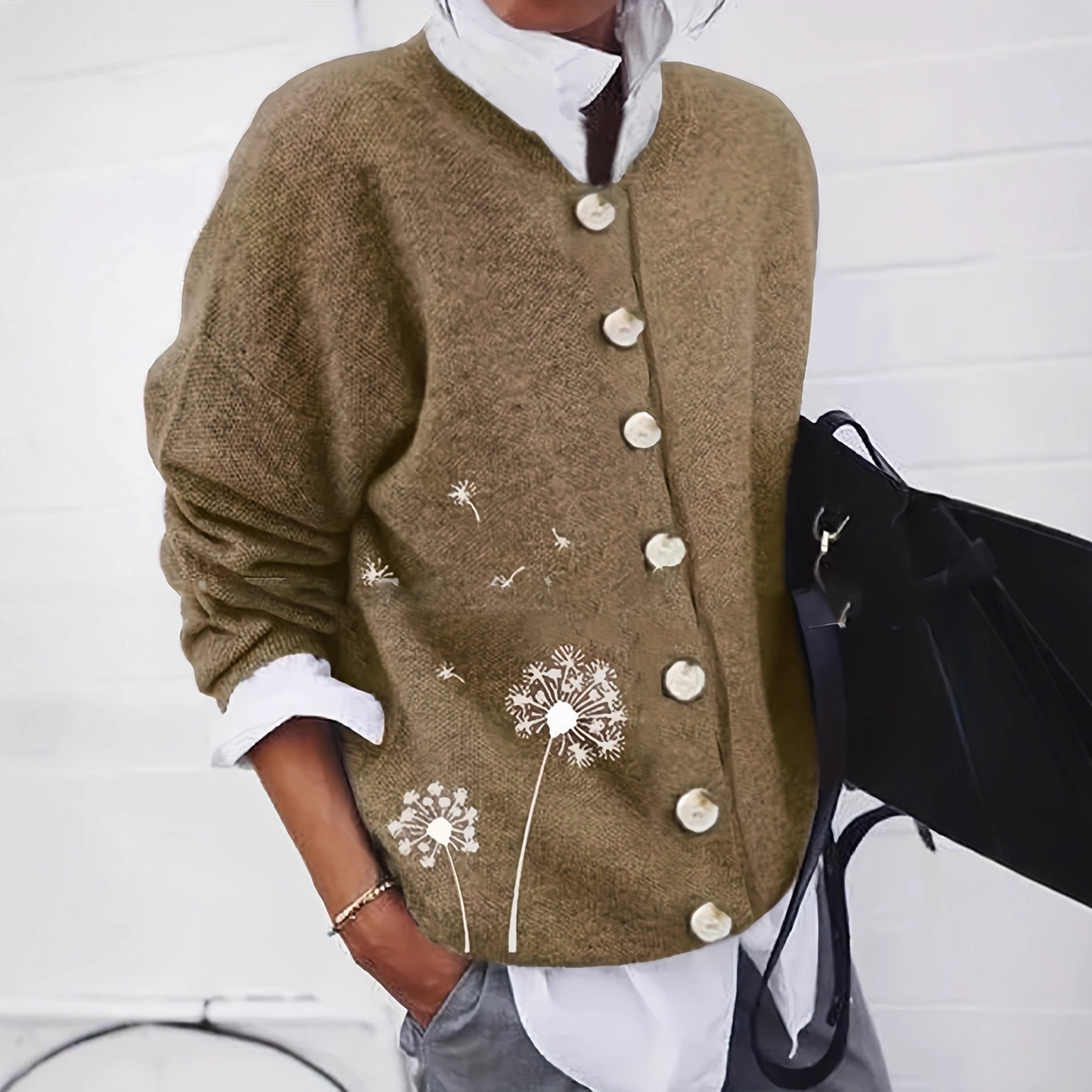 Damen Strickjacke Löwenzahn Muster Knopfleiste Blau