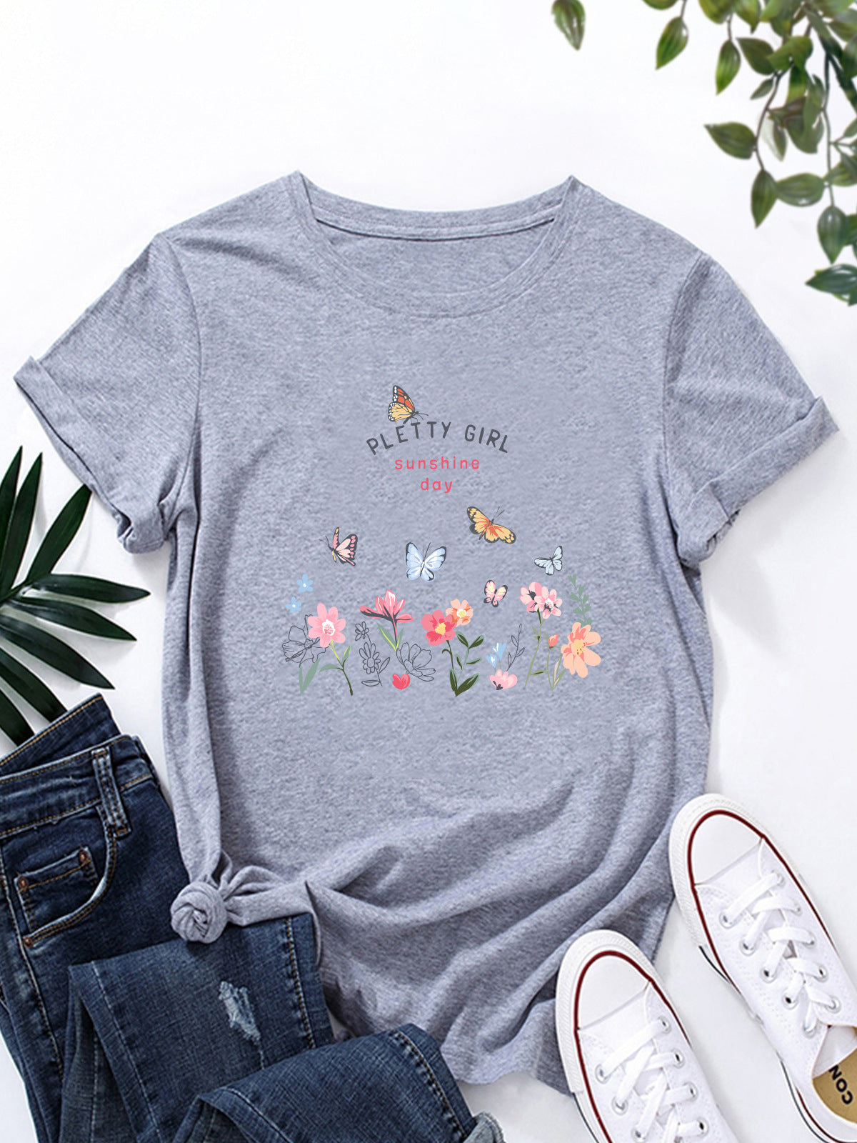 Damen T-Shirt Blumendruck Elegant Weiß