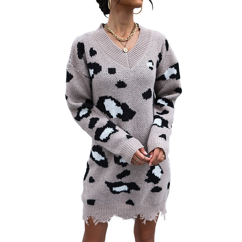 Damen Strickkleid Leopardenmuster Lässig